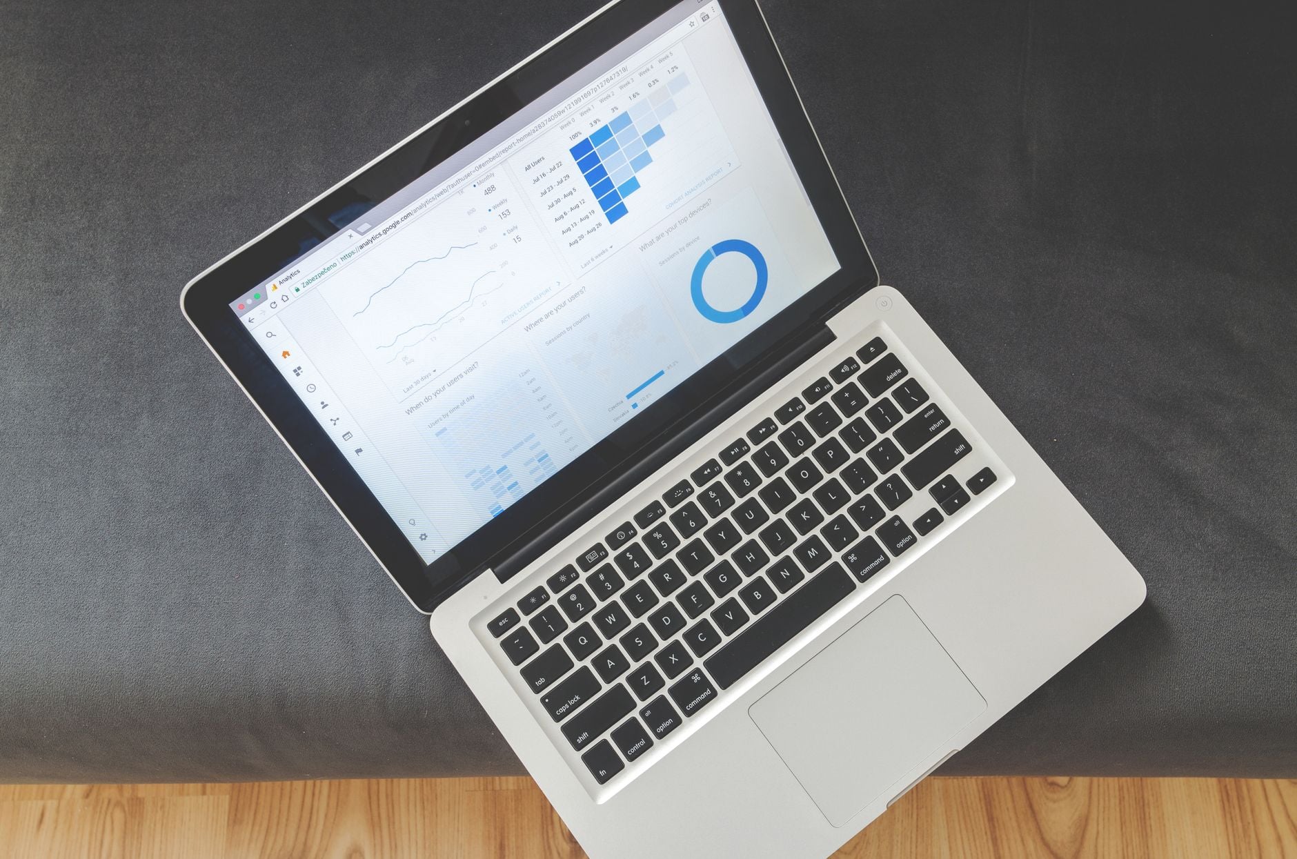 Local SEO for B2B Services: When Geography Still Matters 1 Overhead view of a laptop showing data visualizations and charts on its screen.