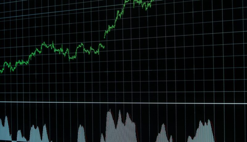 Rising stock market graph with grid lines, showing market data trends. Ideal for financial and economic concepts.